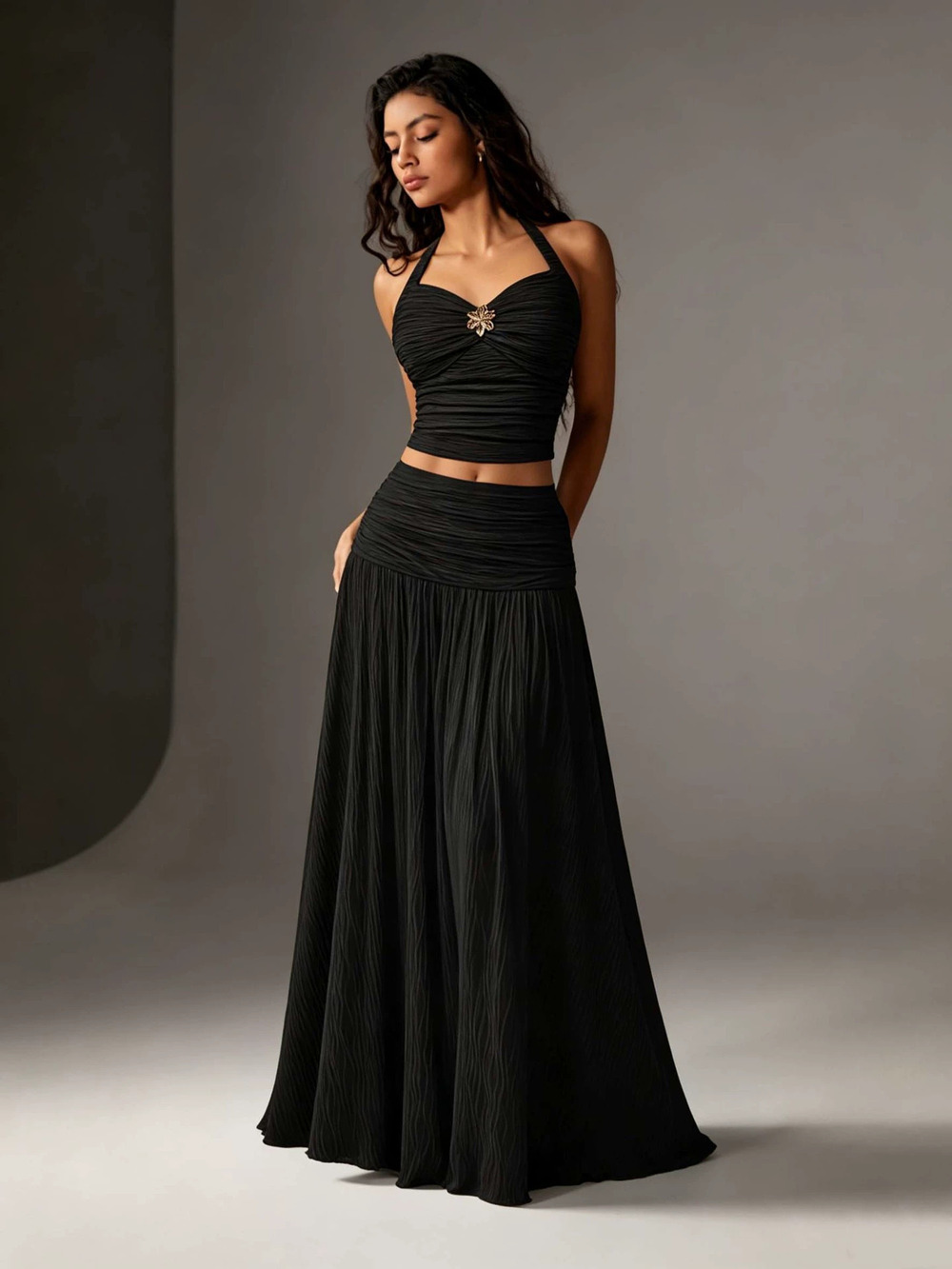 ZARA French Halter Backless Ruched Waist Top and A-Line Skirt Slimming 2-Piece